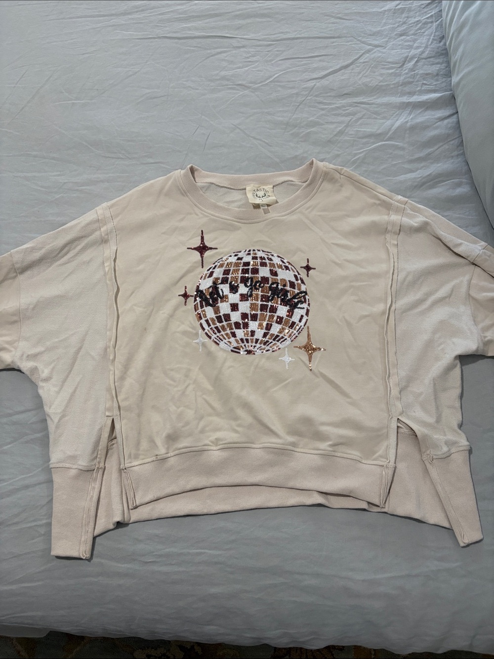 Fantastic Fawn Beige Crewneck Sweater with Sequin Disco Ball